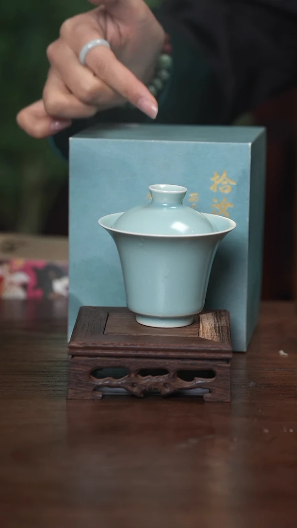 【闪购商品】清凉寺原产地仿古釉手工汝瓷马蹄盖碗