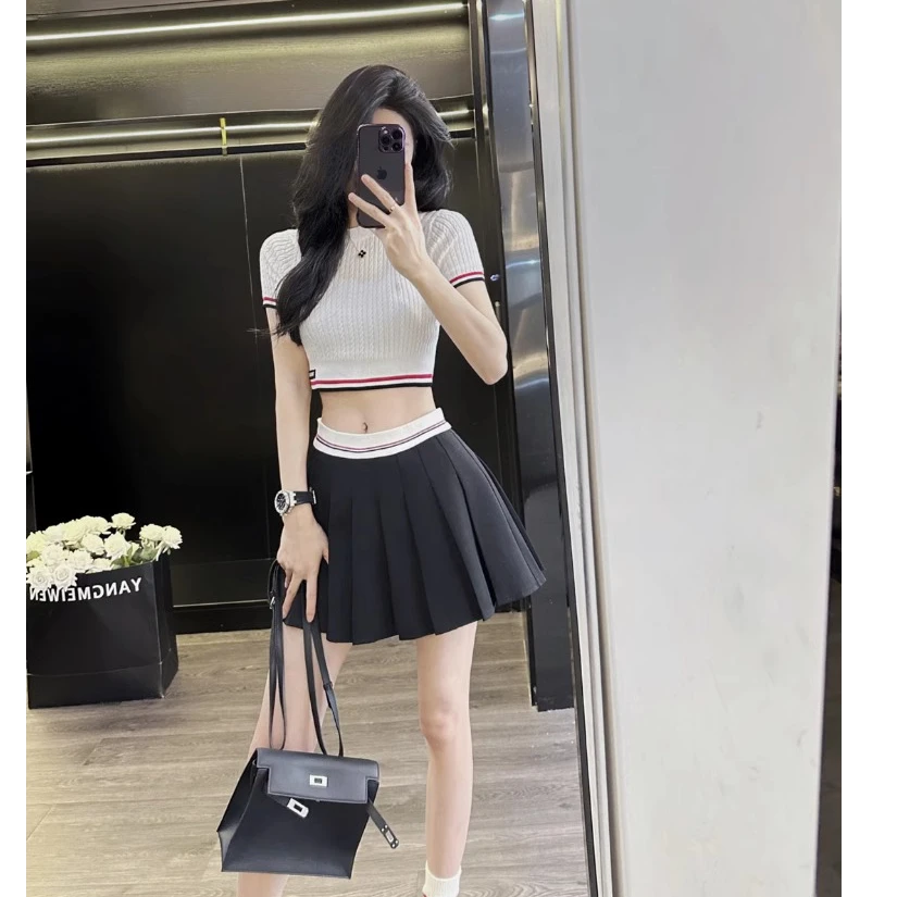 Leathercat针织短袖女2025年夏季设计感小众修身显瘦白色短款上衣