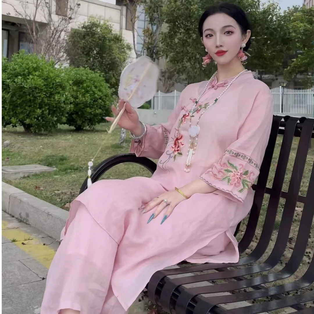 【花见之约】蝴蝶扣印花夏季圆领斜襟盘扣中长款茶服上衣衣服