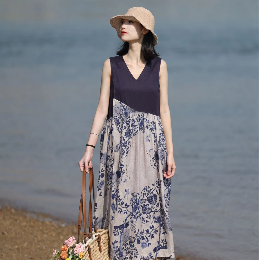 澳希美原创设计高端轻薄2025年春季新款苎麻连衣裙女花色印花裙