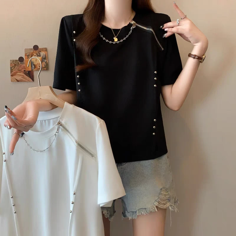 【婷姐家】371欧货重工领口链条铆钉短袖上衣