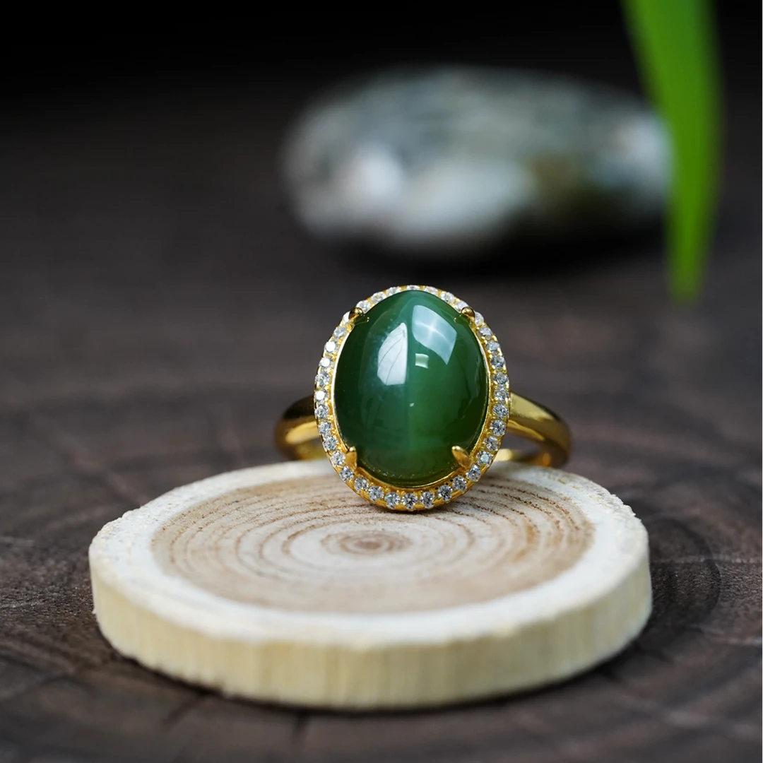 【石缘居珠宝】S925银镶嵌和田玉碧玉佩戴时尚个性款猫眼戒指C46-31