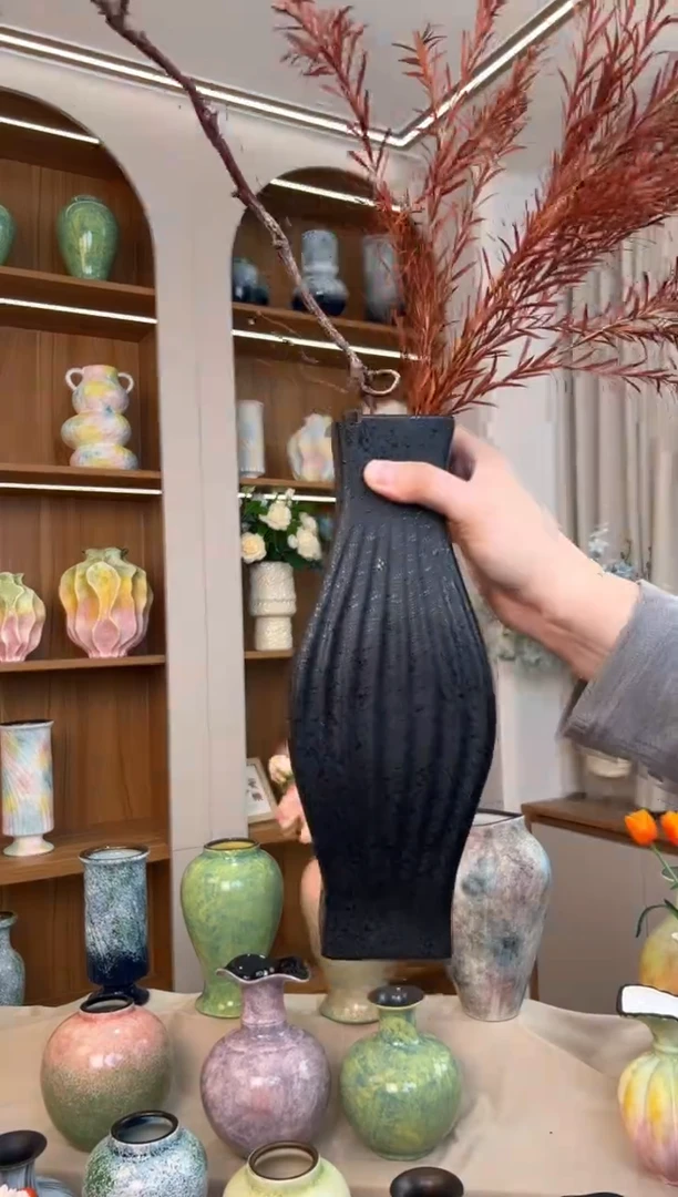 【哑光黑-方口竖纹瓶】无孔水培桌面陶瓷花瓶干花鲜花客厅插花摆件