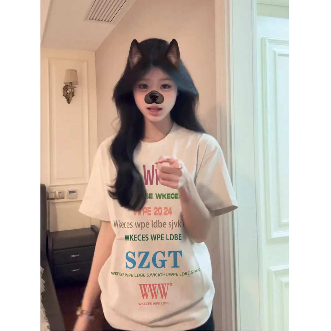 纯棉设计感满印字母短袖t恤女夏季宽松休闲百搭复古小个子上衣ins