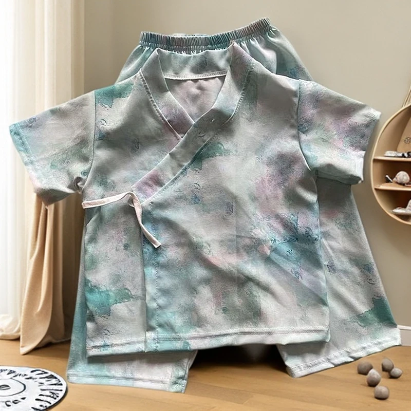 男孩新款夏季汉服唐装国风短袖长裤中式中国风复古休闲水墨扎染