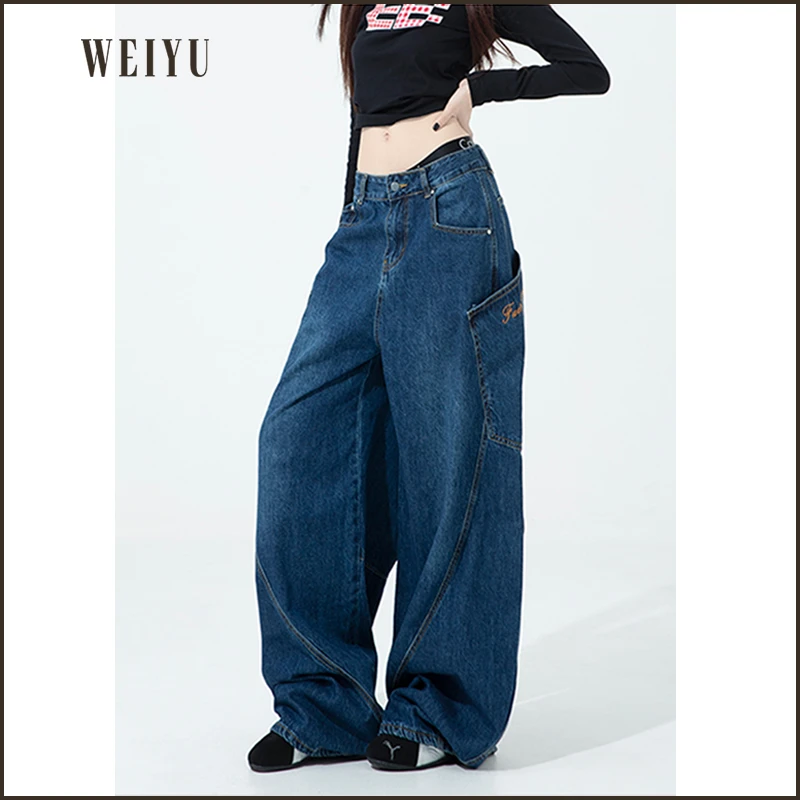 2025春款日系少年感街头元气百搭拼接显瘦宽松弯刀牛仔