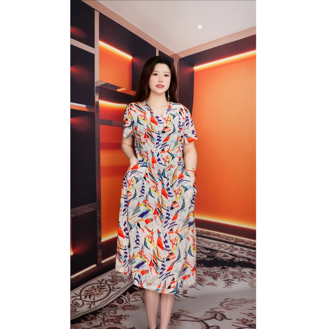A38中长款连衣裙夏季长款新款妈妈裙子大码洋气显瘦宽松女装单穿