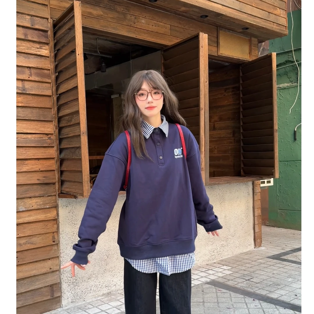 byo!oi OIOI初春【欧若风】学院polo卫衣撞色拼接宽松休闲上衣女