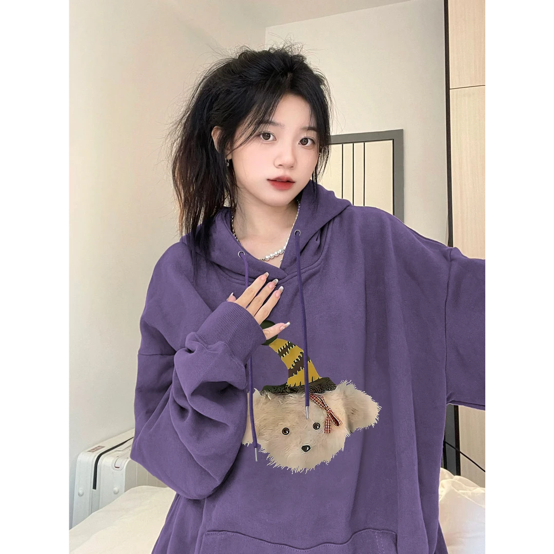 卡通趣味早春校园风连帽卫衣女新款美式复古时尚休闲宽松上衣薄款