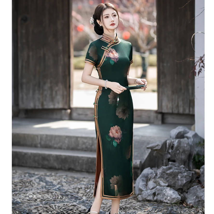 【暗香花语】上上喜双层高腰复古时尚修身显瘦长旗袍