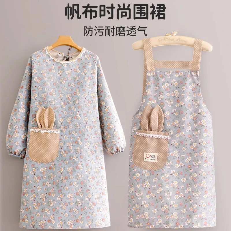 时尚新款棉布厨房做饭围裙可爱耐磨上班工作餐饮专用罩衣长袖女款