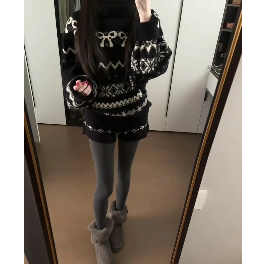 秋冬新款美式复古费尔岛高领毛衣针织衫女高腰休闲裤套装