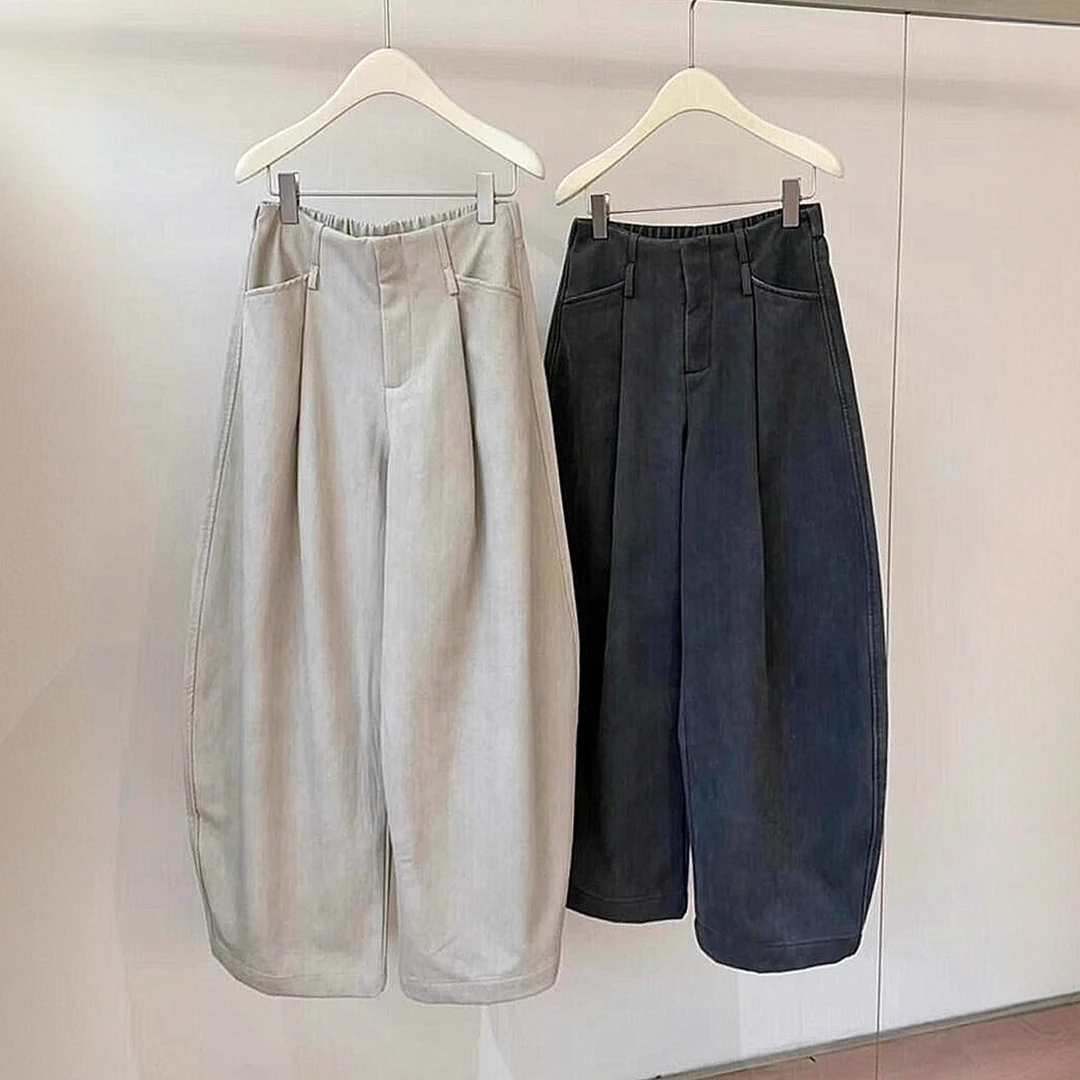 高级感2025年秋新款宽松显瘦百搭洗水休闲裤遮胯后松紧镰刀裤阔腿