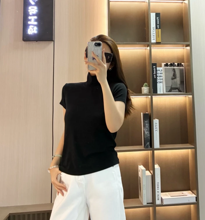 1116早秋高领气质显瘦休闲简约短袖打底衫女