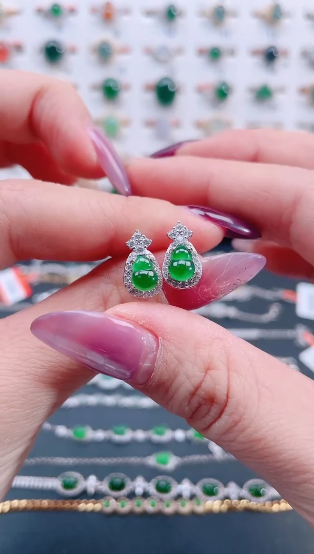 银S925镶嵌翡翠耳饰天然翡翠