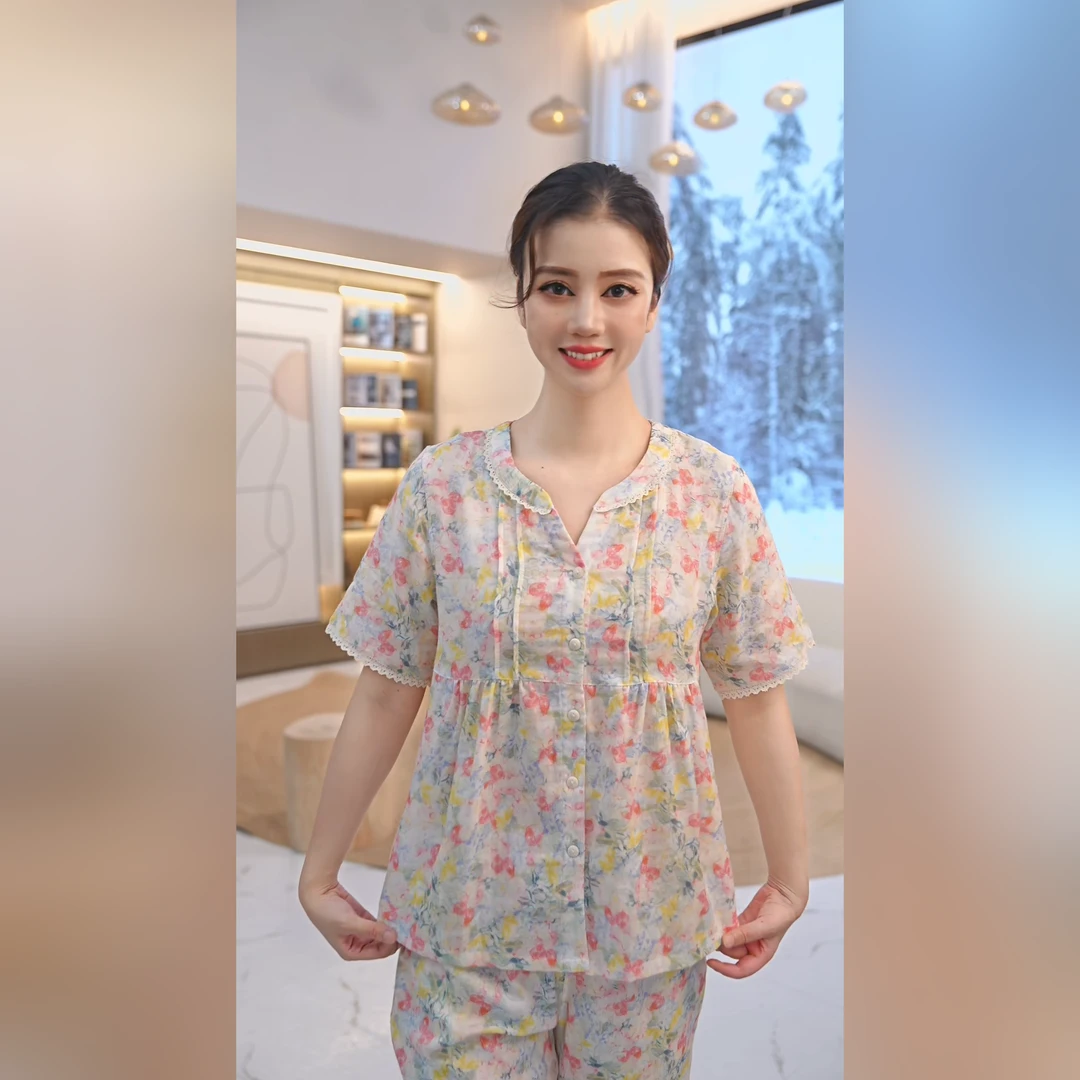 秋鹿【田园风】花眠絮语温柔印花V领女睡衣夏季家居服2025新款