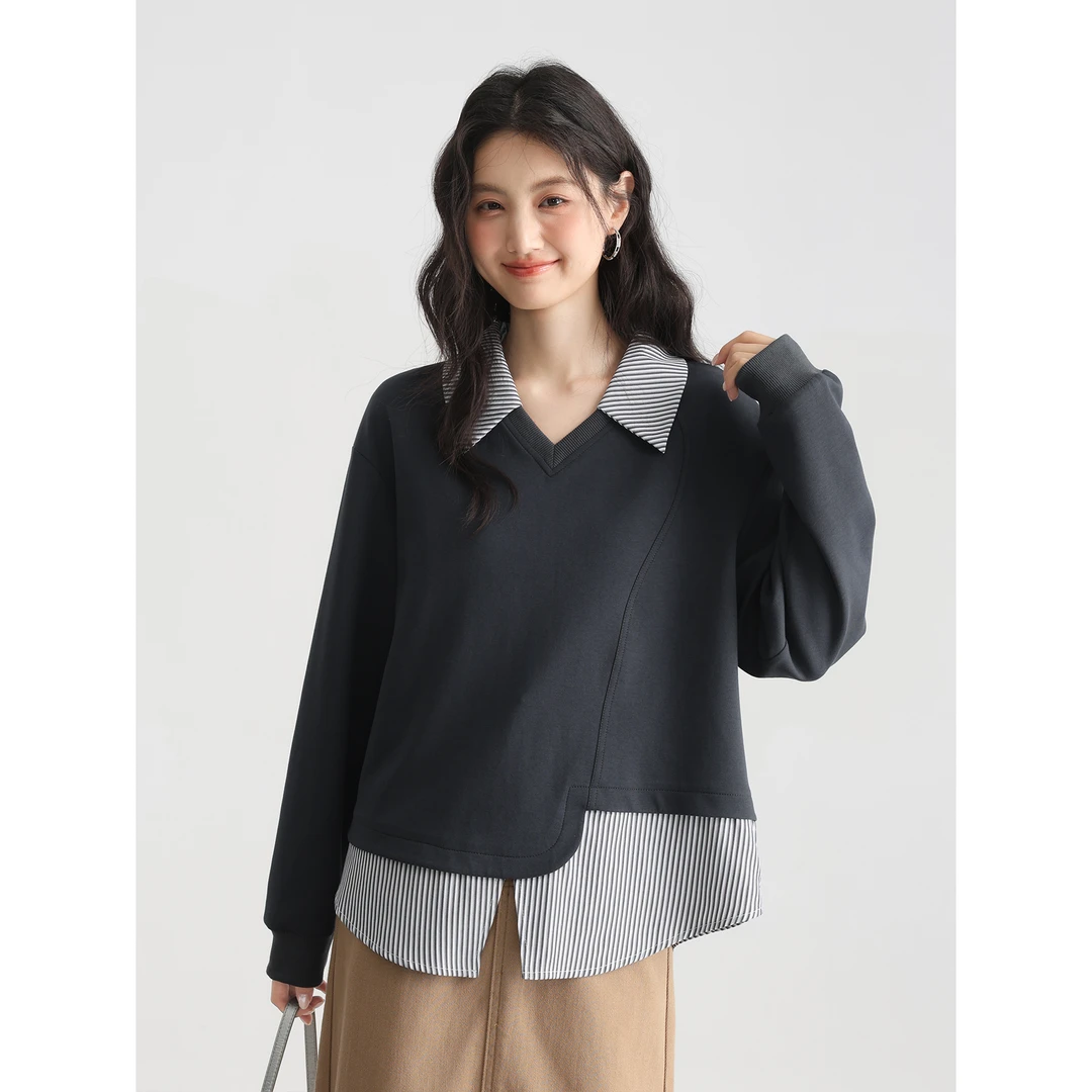 爱蔷薇初秋穿搭胖mm卫衣拼接衬衫女大码假两件长袖上衣女GT74178