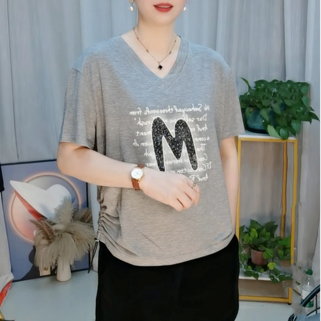 夏季新款时尚印花宽松V领短袖T恤上衣小衫