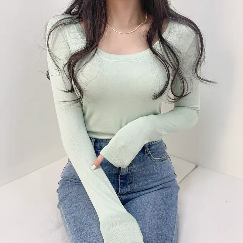 纯欲低胸大领口打底衫女秋冬短款修身长袖t恤内搭-1335