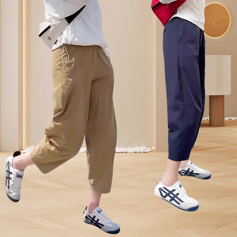 欧货速干运动裤女2025夏季显瘦减龄松紧高腰休闲裤薄款九分哈伦裤