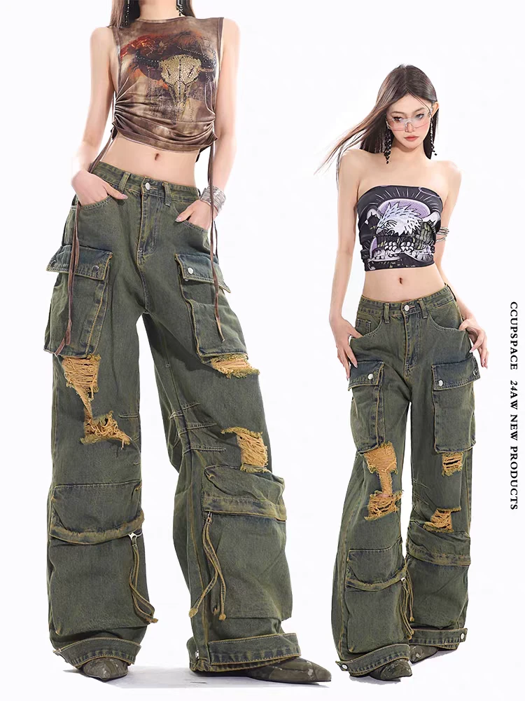 【L4-3】61164复古废土破洞工装飘带工装裤