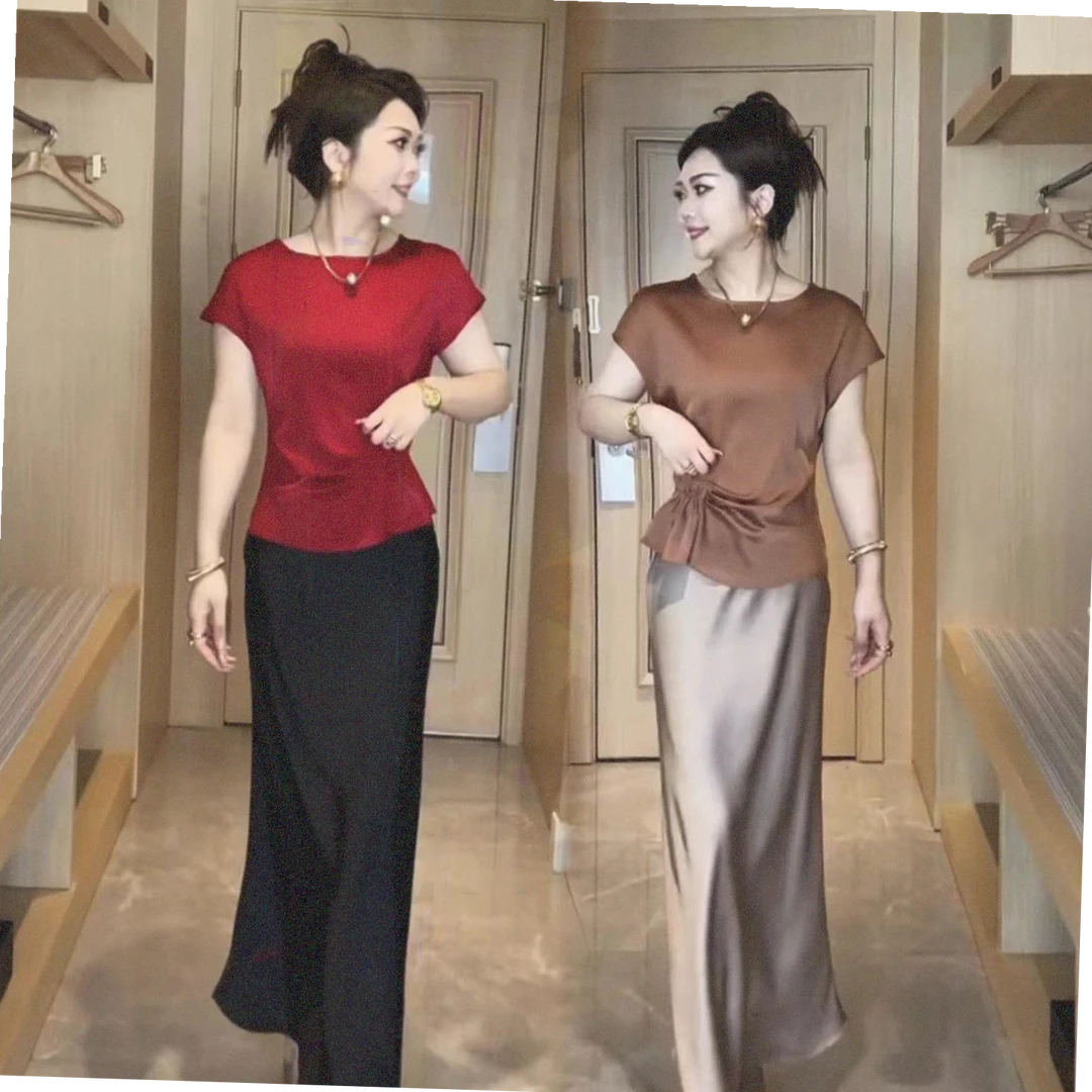 设计感松紧收腰光泽短袖恤2024夏季现款轻奢气质半身鱼尾裙套装