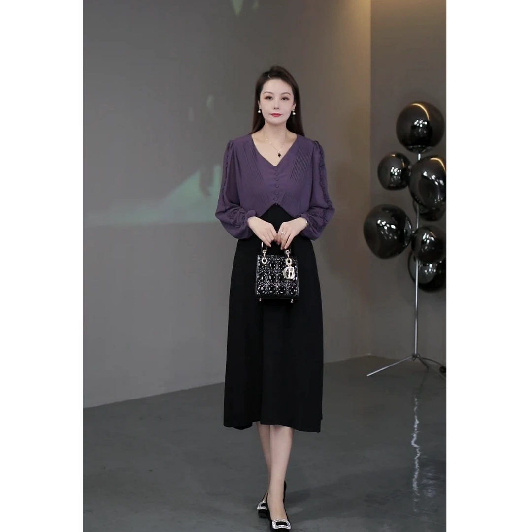 菲姐定制轻奢女装早春新款高级感显瘦洋气紫色假两件连衣裙241117