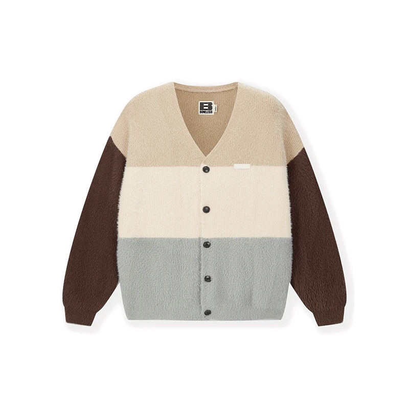 BONELESS撞色拼接V领开衫毛衣秋季宽松仿貂毛针织衫情侣潮牌外套