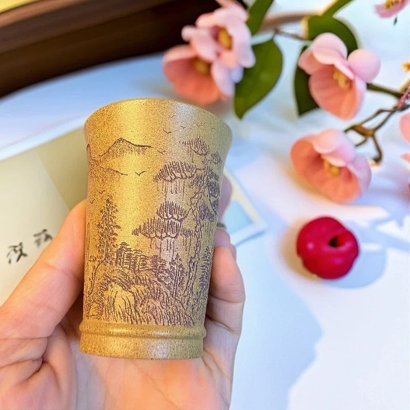 宜兴紫砂闻香杯黄段精工刻绘