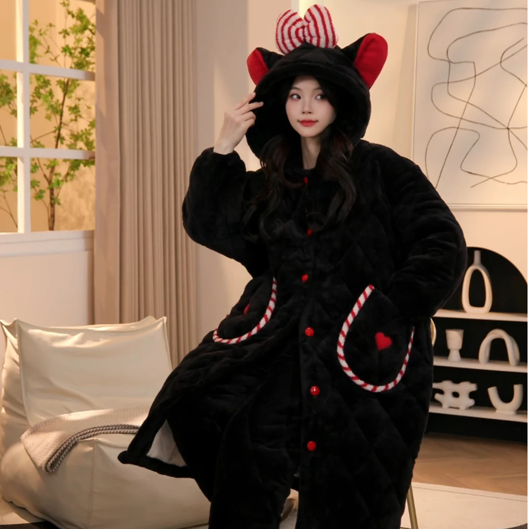 冬季款三层夹棉睡袍女加绒保暖雪花绒休闲可外穿加厚家居服套装女