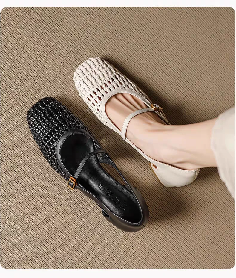 羊皮新款百搭粗跟凉鞋女编织镂空一字带方头真皮百搭时尚单鞋
