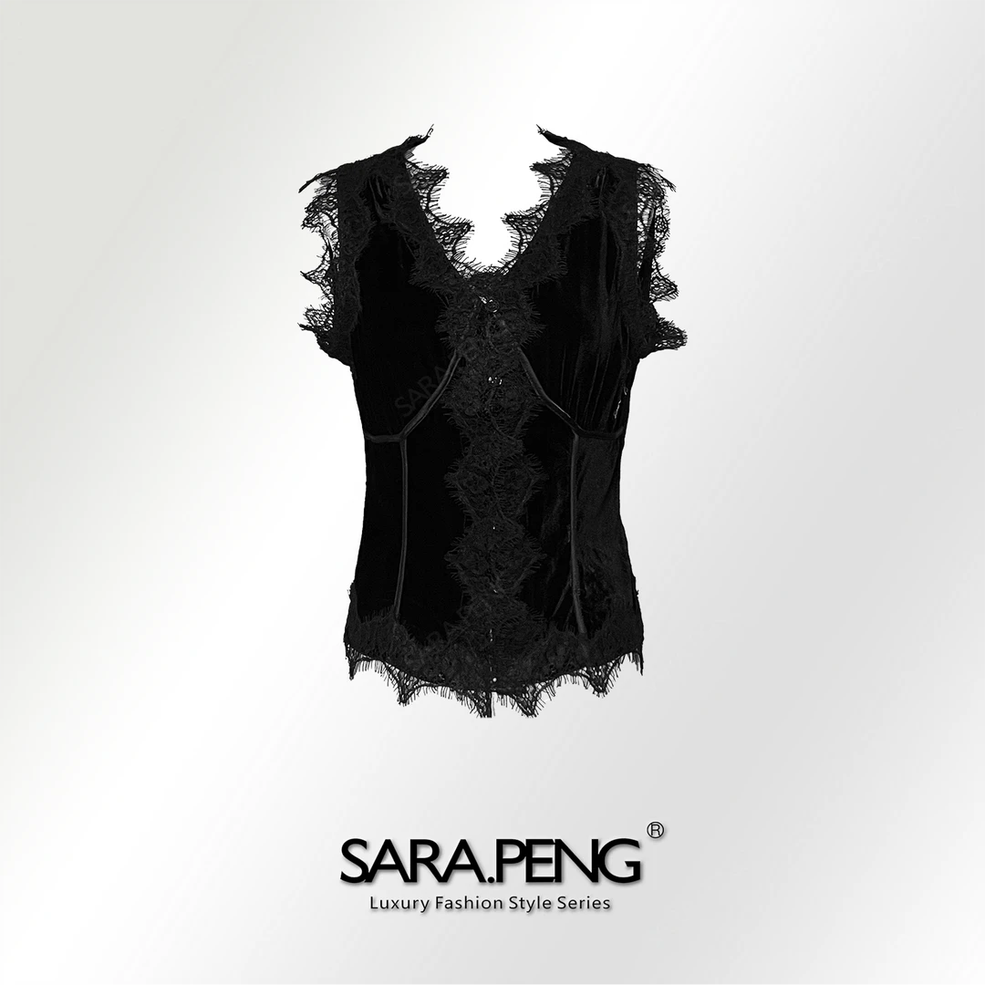 SARA.PENG梦奇缘/法式植绒拼接蕾丝边马夹气质洋气修身百搭款外套