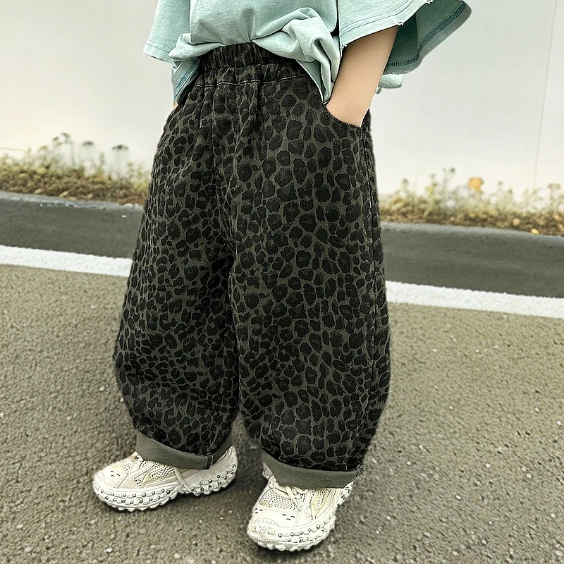 儿童牛仔裤春秋款豹纹2025新款女童痞帅男童潮款裤子春装 12001