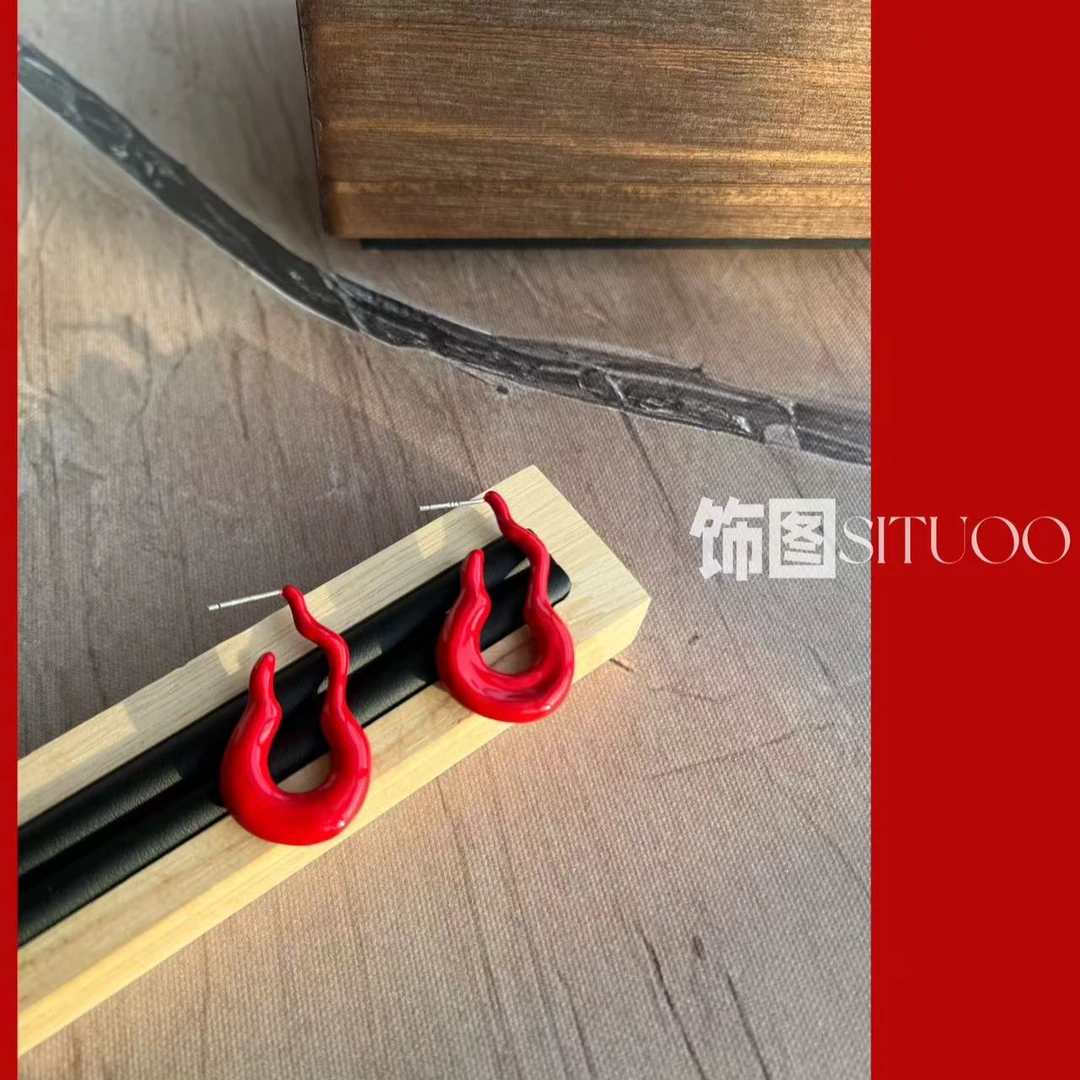 925银珐琅耳饰 SITUOO饰图小众设计款“火”红色珐琅火焰新年耳饰