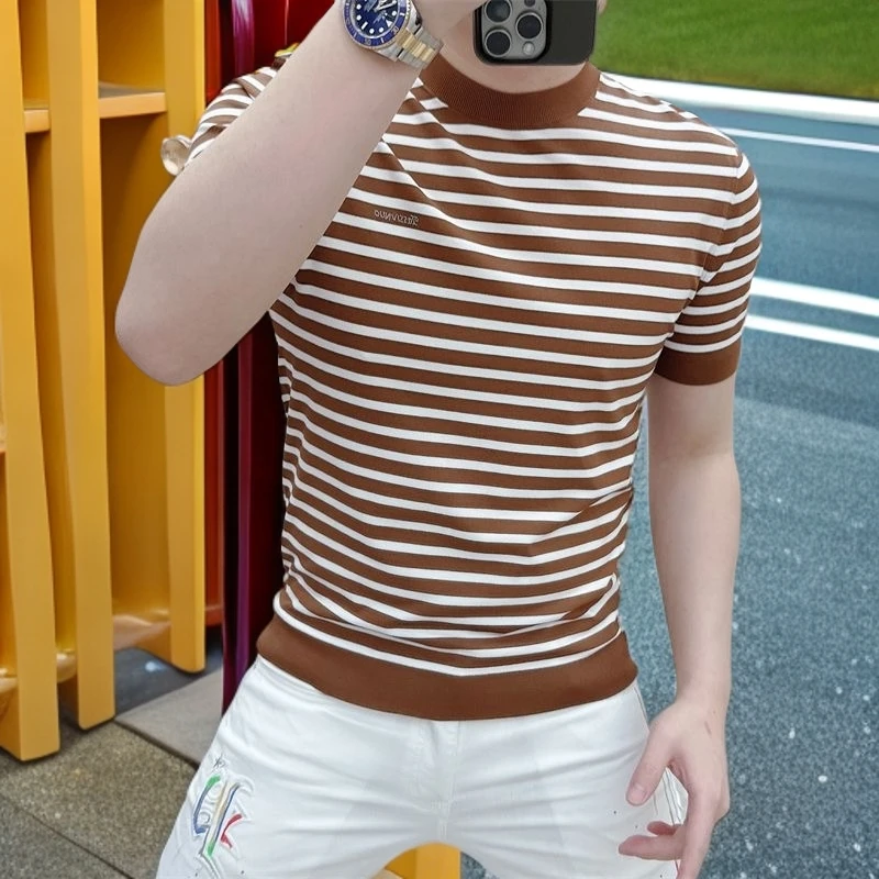 2025高档欧货新款针织条纹冰丝短袖t恤男士潮流休闲半袖百搭上衣