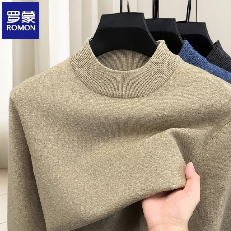 罗蒙男士秋冬季保暖男士打底衫圆领针织衫内搭冬季毛衣半高领加厚