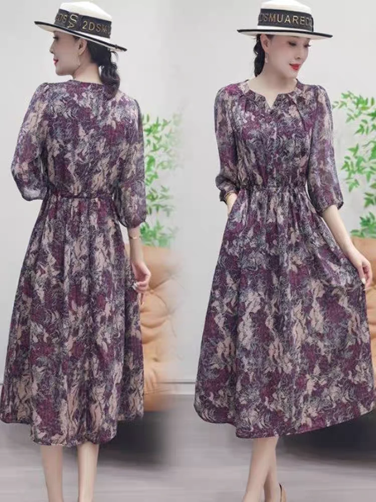 高端气质印花连衣裙2025夏季新款轻奢高级感长裙8758