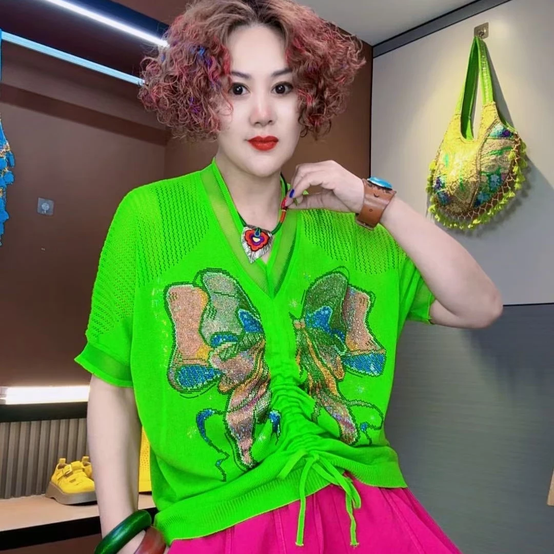 欧洲站}梦姐同款时尚烫钻针织上衣