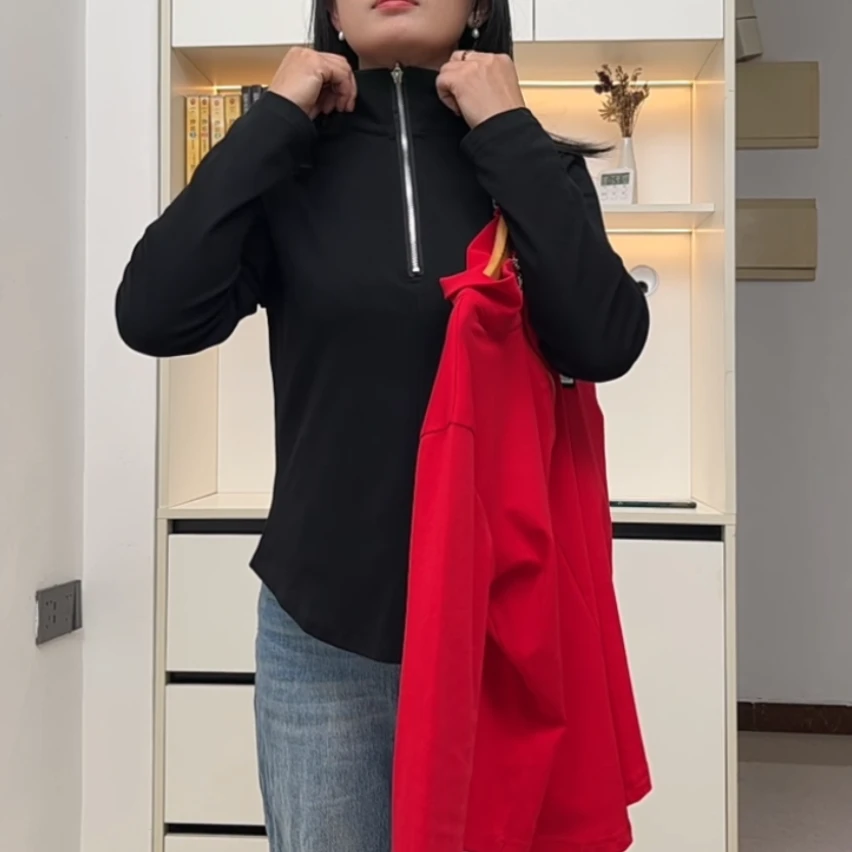 防静电长袖抗起球螺纹拉链秋季T恤纯色女款半拉链女运动百搭休闲