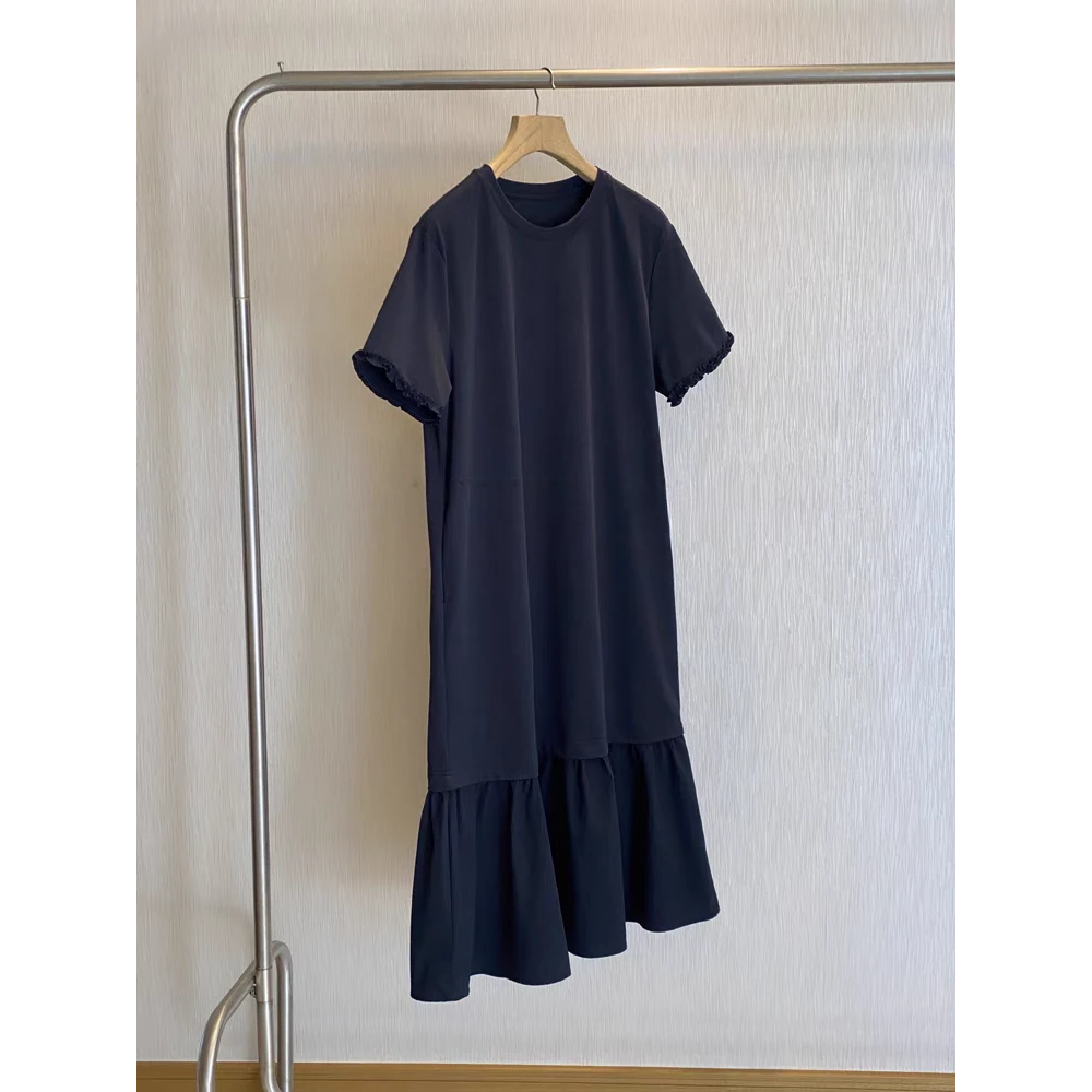 谁穿都好看！巨舒服宽松慵懒拼接荷叶圆领鱼尾连衣裙夏季法式裙子