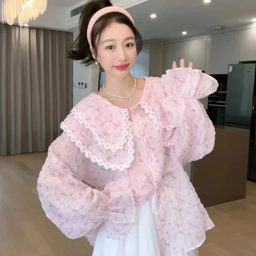 2025春新款小香风双层娃娃领长袖衬衫女洋气减龄法式小众碎花上衣