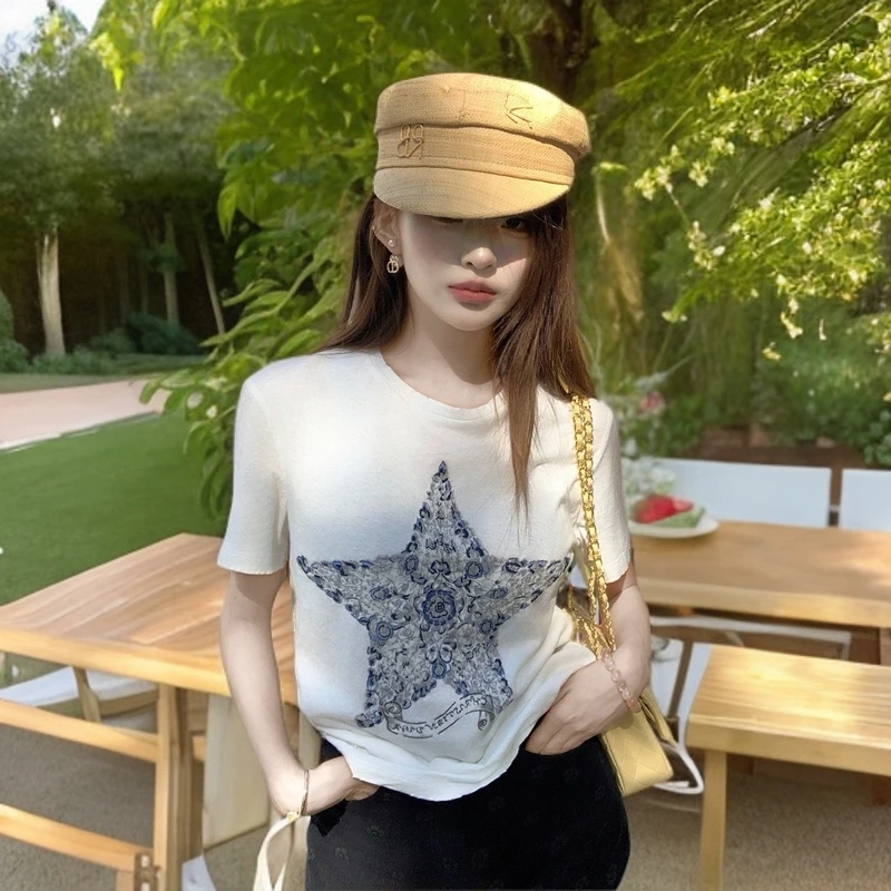 【WGWE】美式刺绣白色洋气减龄宽松显瘦正肩上衣短袖T恤