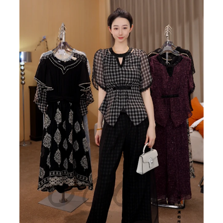 G6812设计感时尚格纹收腰百搭套装女2025夏季新款修身显瘦两件套