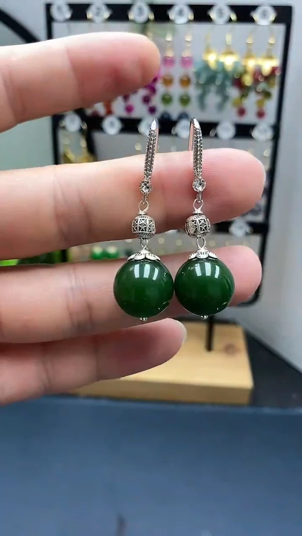 和田玉银S925镶嵌耳饰尺寸14mmA3