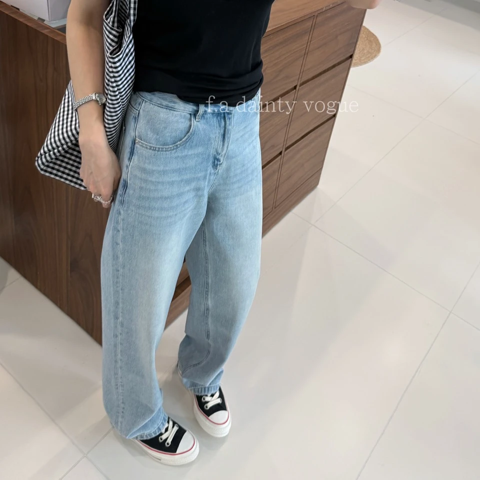 f.a[丹宁]舒适阔腿牛仔裤女高腰牛仔裤水洗休闲百搭