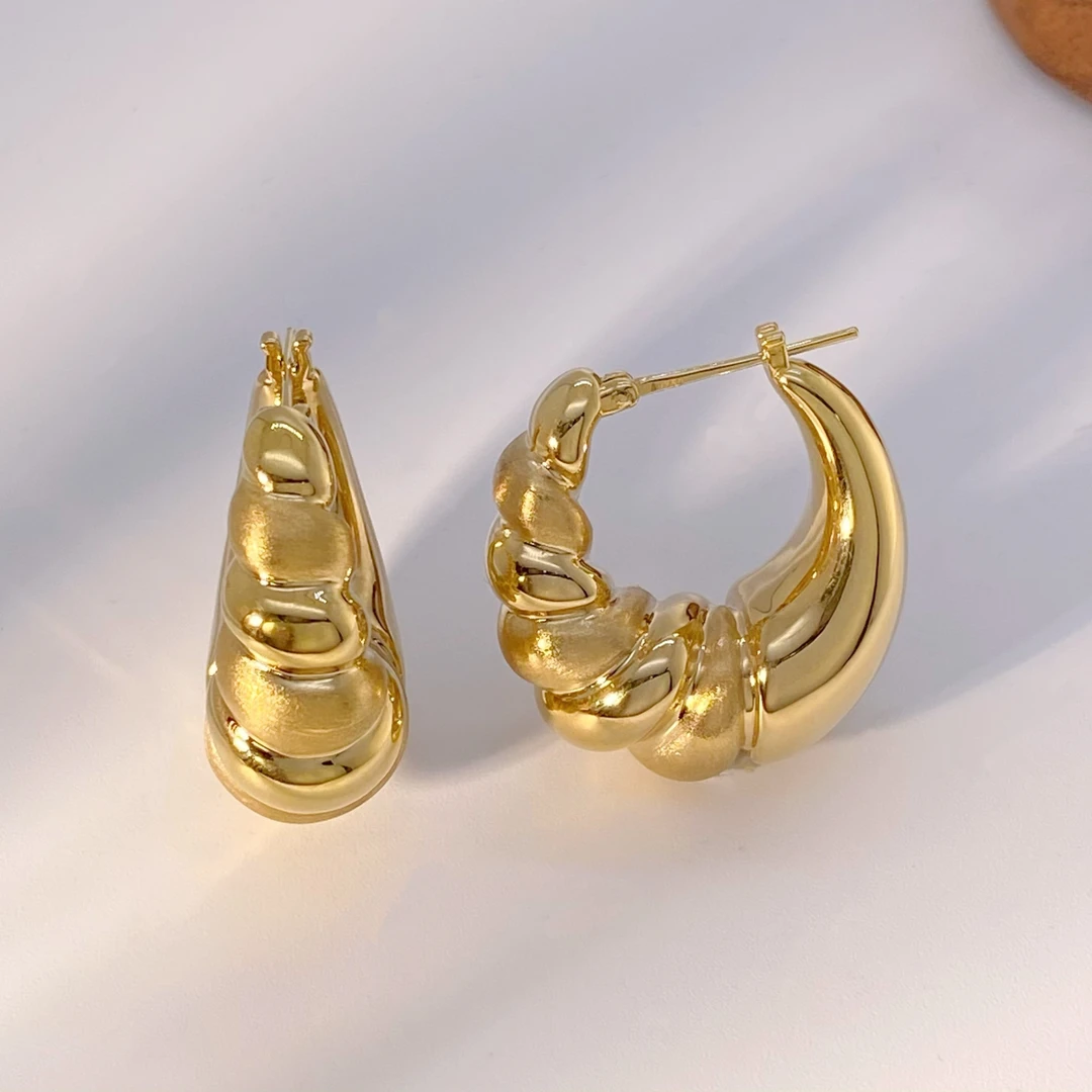 裕辉 18K金拉丝牛角光面拼接耳环港风复古气质轻奢高级感耳环