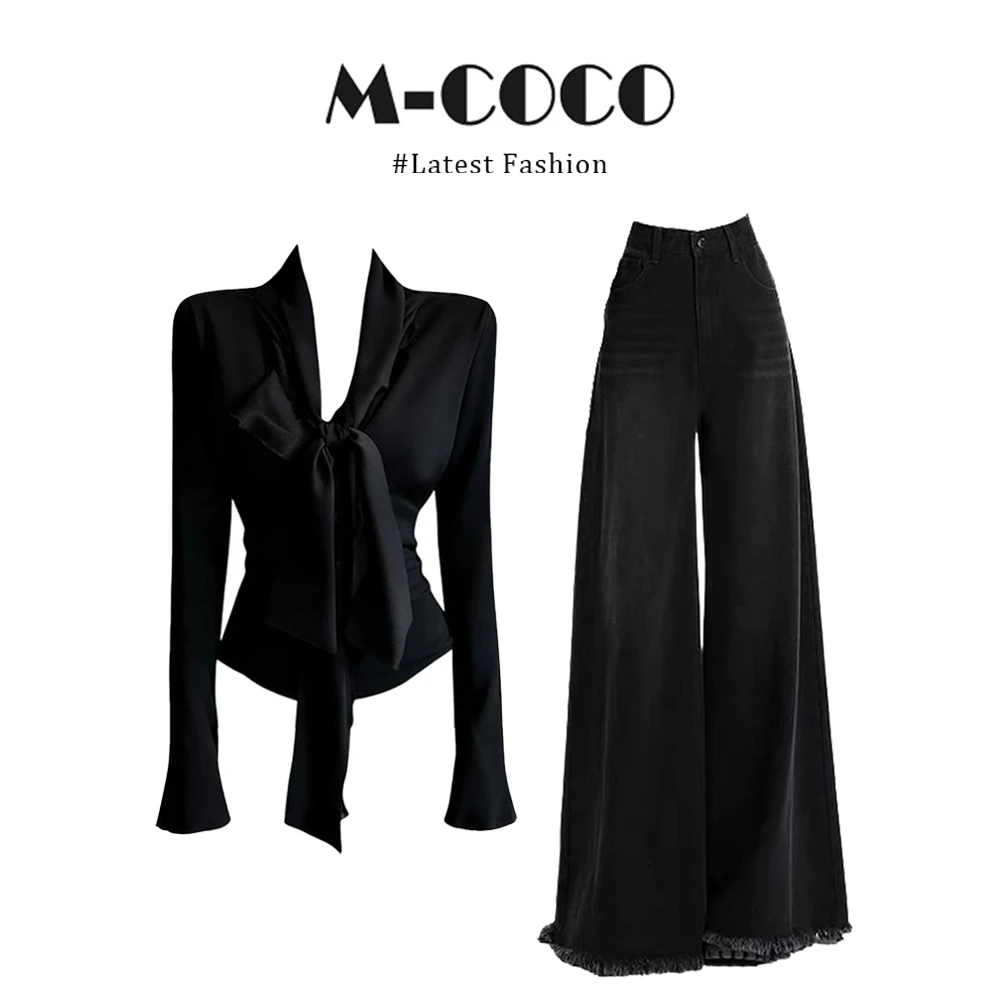 INS CEC纯欲风黑色手工毛边披肩系带多穿衬衫毛边牛仔裤套装