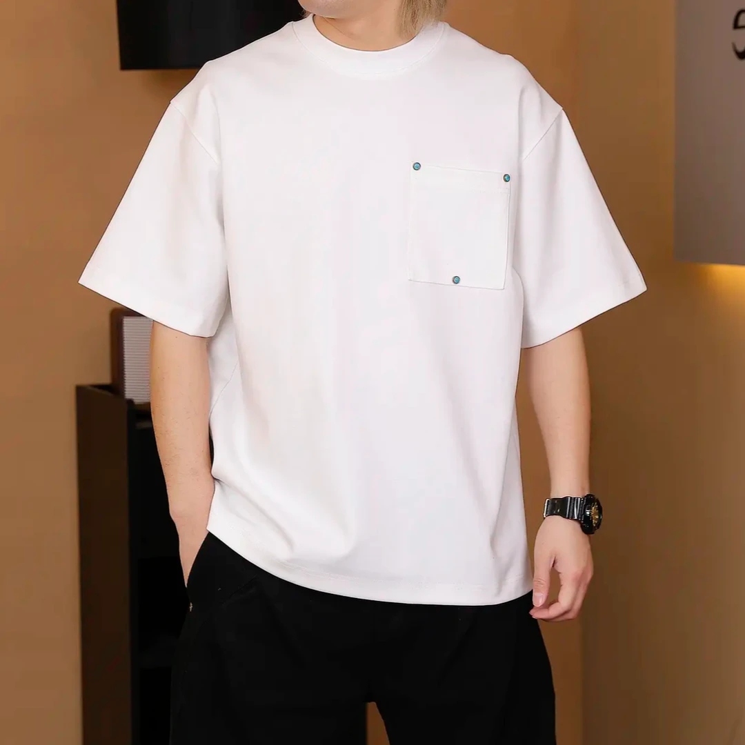 25简约风男士新款短袖设计感小众口袋圆领潮牌重磅半袖情侣上衣