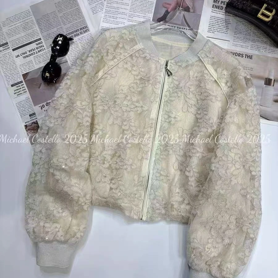 2025春韩范立领蕾丝刺绣短款外套2081