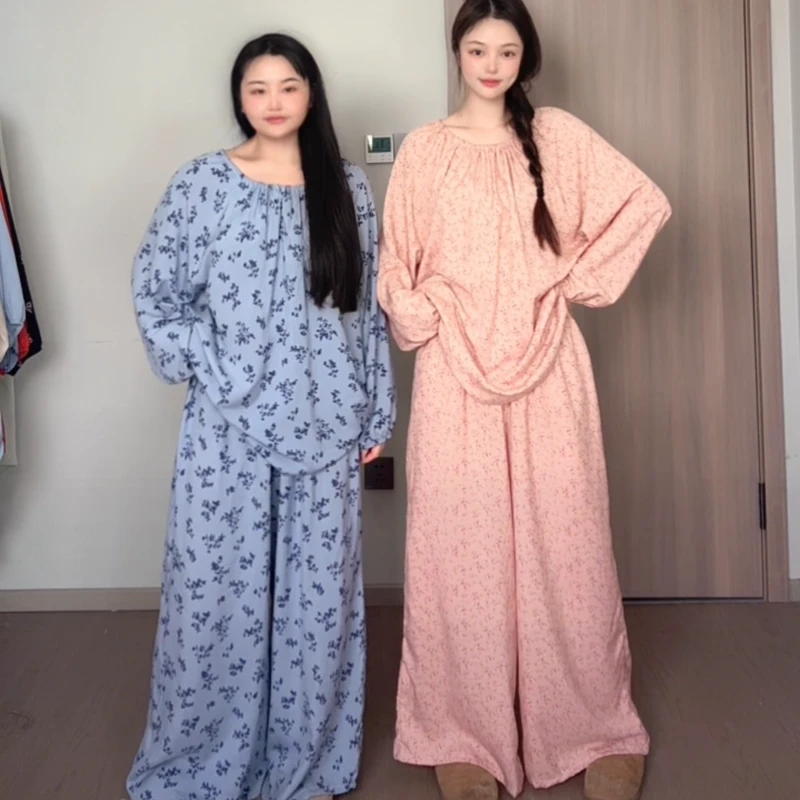 【防凸点有内衬阔腿长袖套装】加大款夏季棉绸休闲洋气居家服